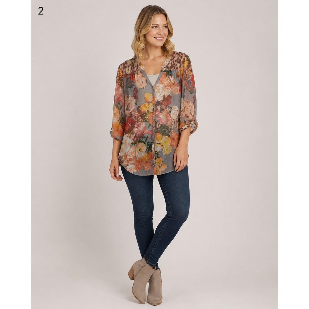 Figueroa & Flower Layered Floral Top Womens Medium Gray Pink Polyester Romantic